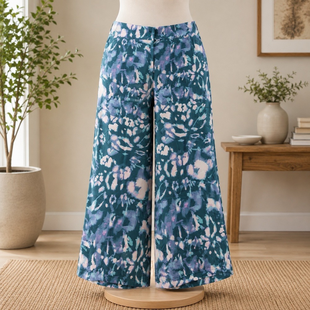 NEW Cuddl Duds Lounge Pants XL Teal Pink Abstract Tie Dye Wide Leg Pockets